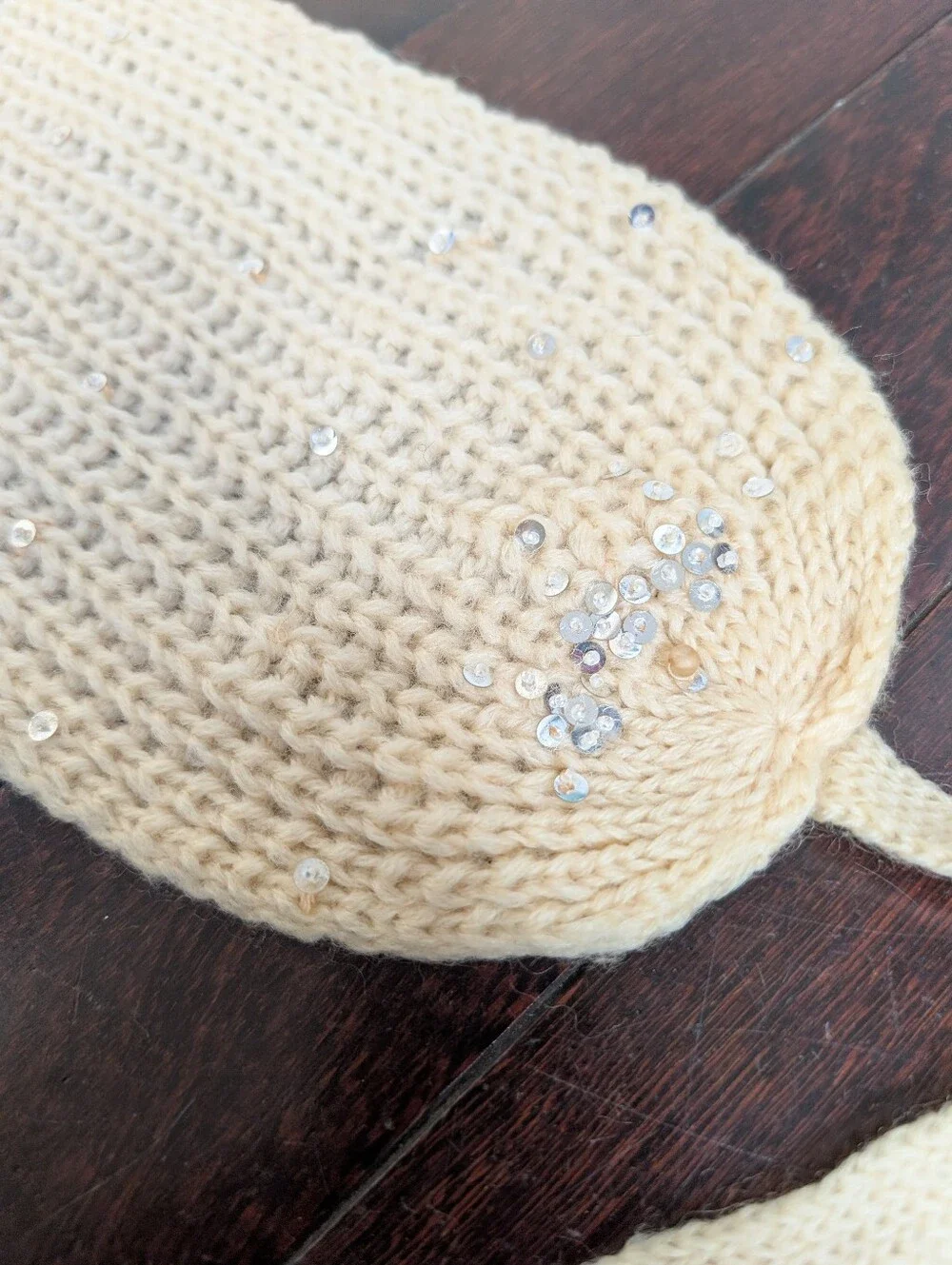 Vintage Crochet Knit Tie Head Cover w Sequin's - 1940s-50s WPL 10360 - Picture 2 of 6